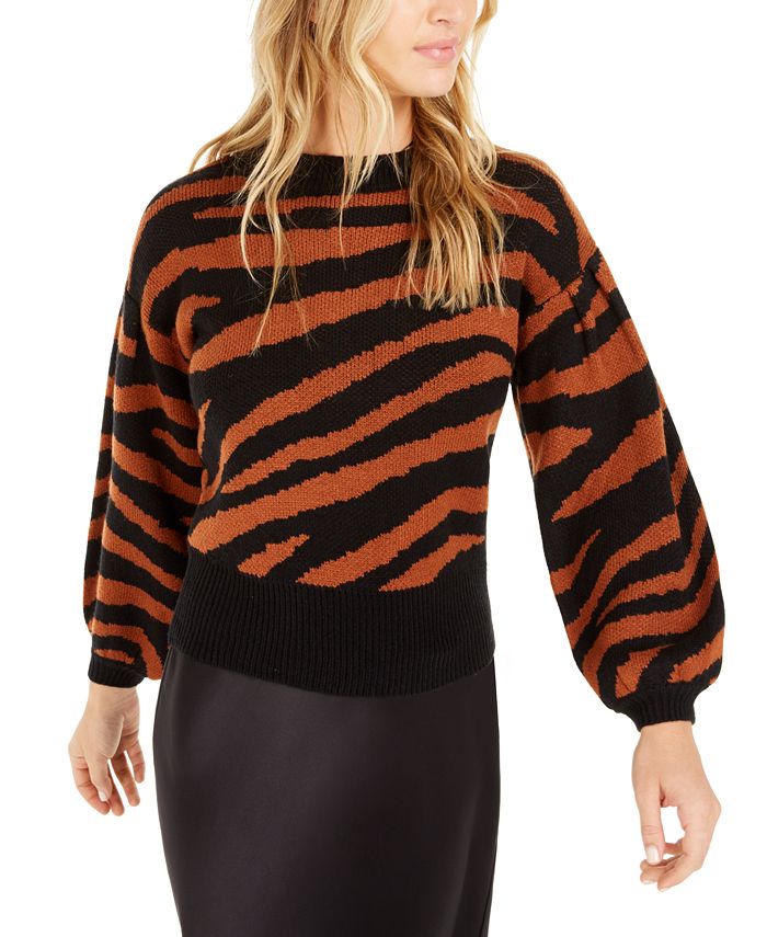 Suéter feminino Bar III com estampa de zebra e manga volumosa, marrom, tamanho M