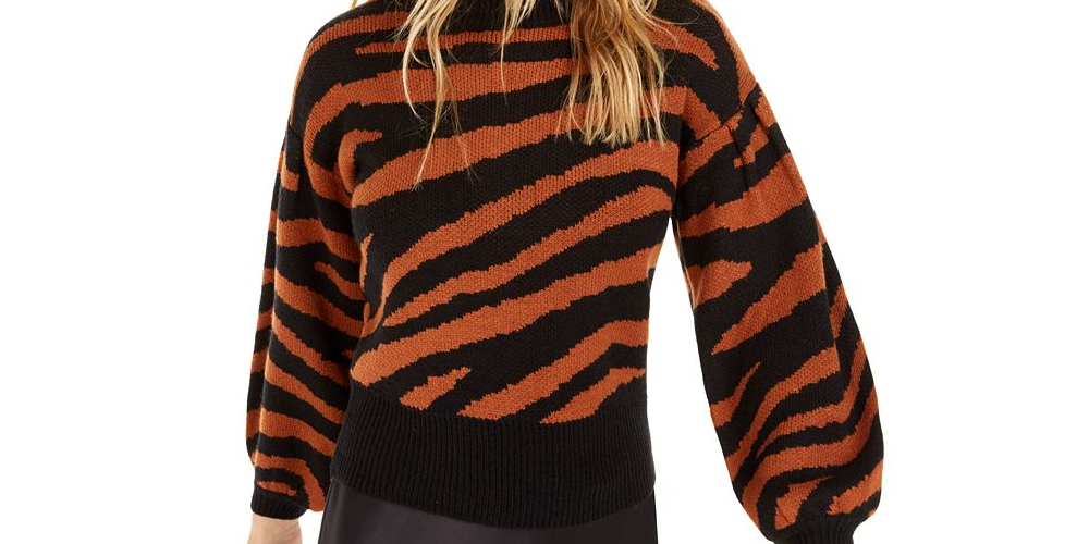 Suéter feminino Bar III com estampa de zebra e manga volumosa, marrom, tamanho M