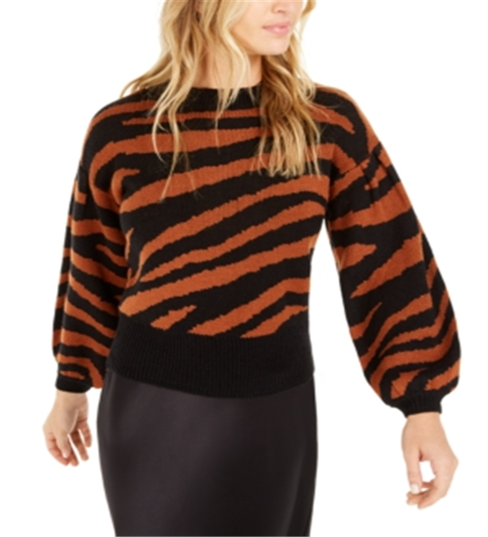 Suéter feminino Bar III com estampa de zebra e manga volumosa, marrom, tamanho M