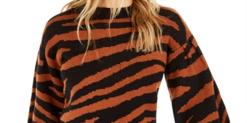 Suéter feminino Bar III com estampa de zebra e manga volumosa, marrom, tamanho M