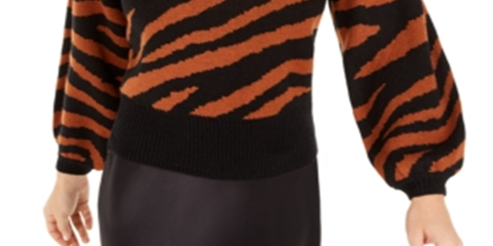 Suéter feminino Bar III com estampa de zebra e manga volumosa, marrom, tamanho M