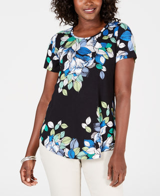 Top estampado feminino JM Collection com decote redondo, preto, tamanho pequeno