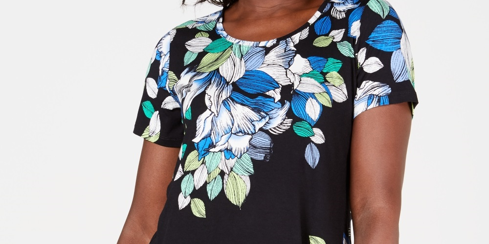 Top estampado feminino JM Collection com decote redondo, preto, tamanho pequeno