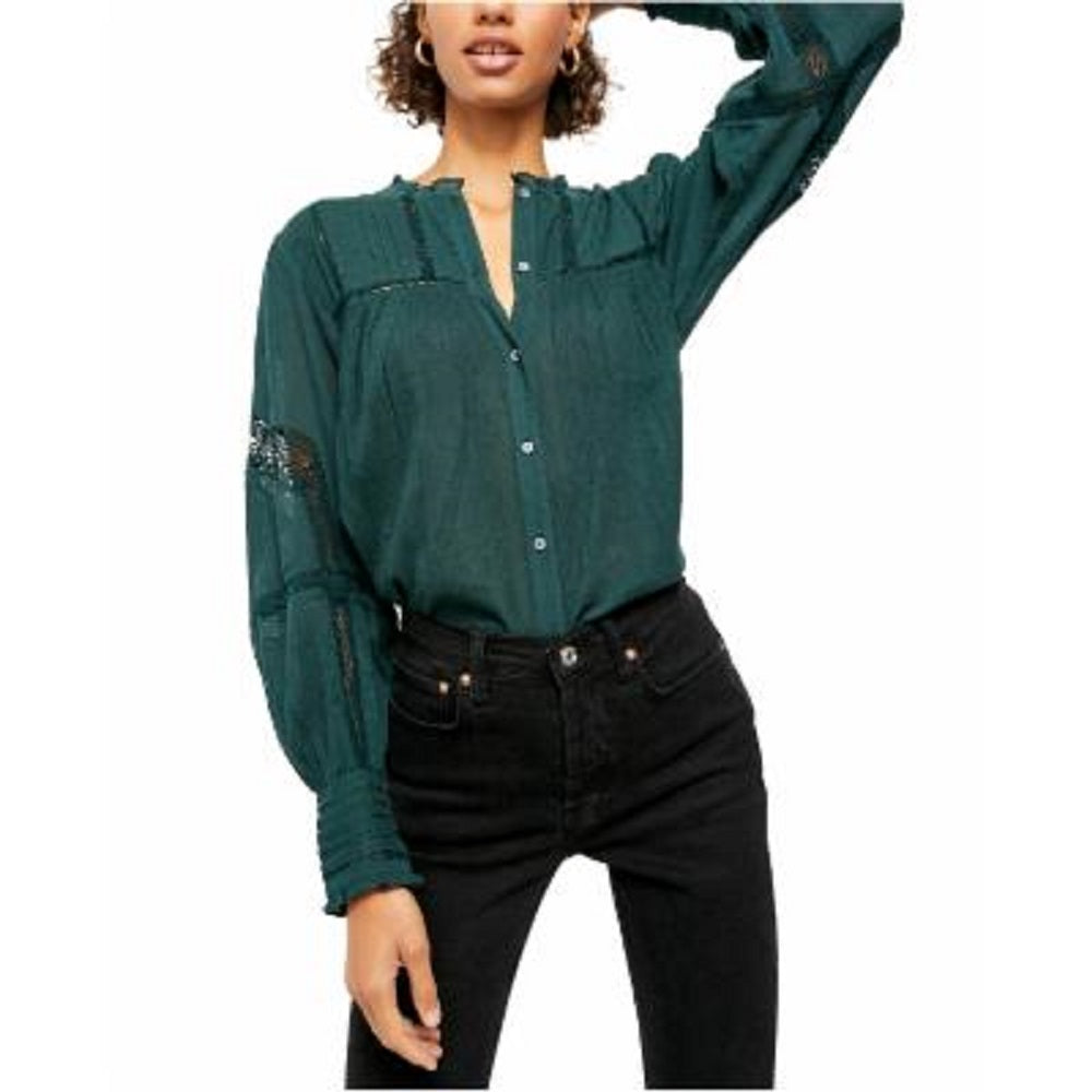 Blusa Emma com botões e ilhós, tamanho X-S, feminina, verde, Free People