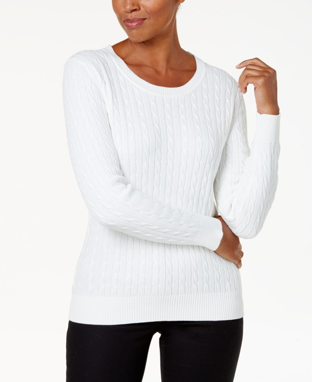Karen Scott Suéter Feminino de Tricô de Algodão Branco Tamanho Pequeno X-Grande