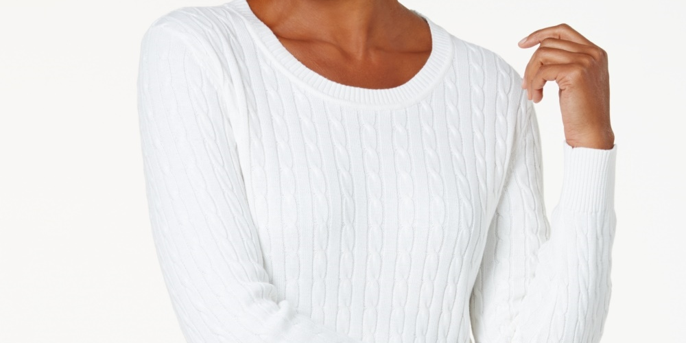 Karen Scott Suéter Feminino de Tricô de Algodão Branco Tamanho Pequeno X-Grande