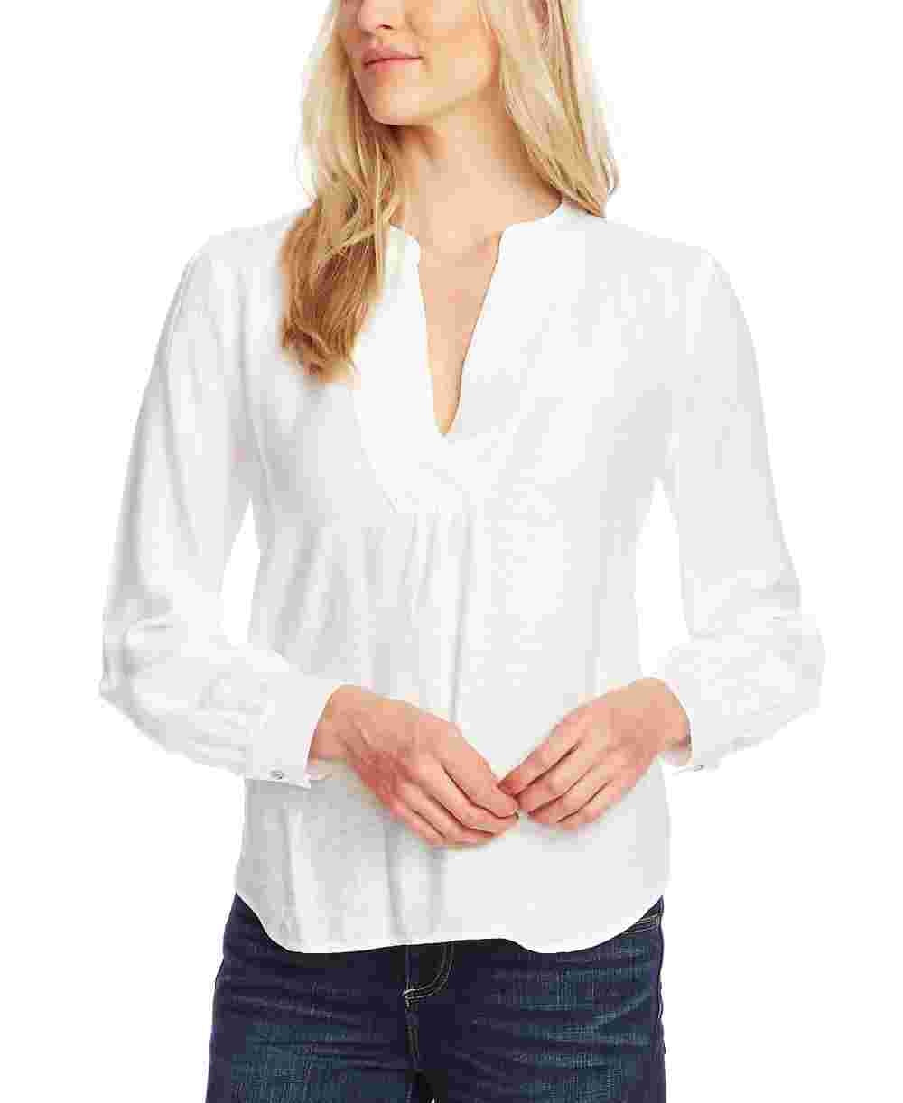 Vince Camuto Blusa feminina de manga comprida com babados, cor marfim, tamanho natural, pequena