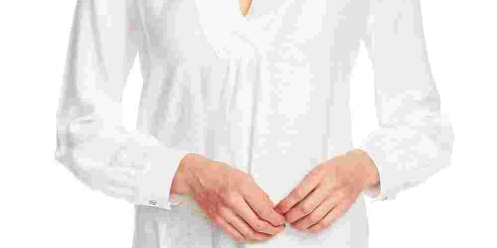 Vince Camuto Blusa feminina de manga comprida com babados, cor marfim, tamanho natural, pequena