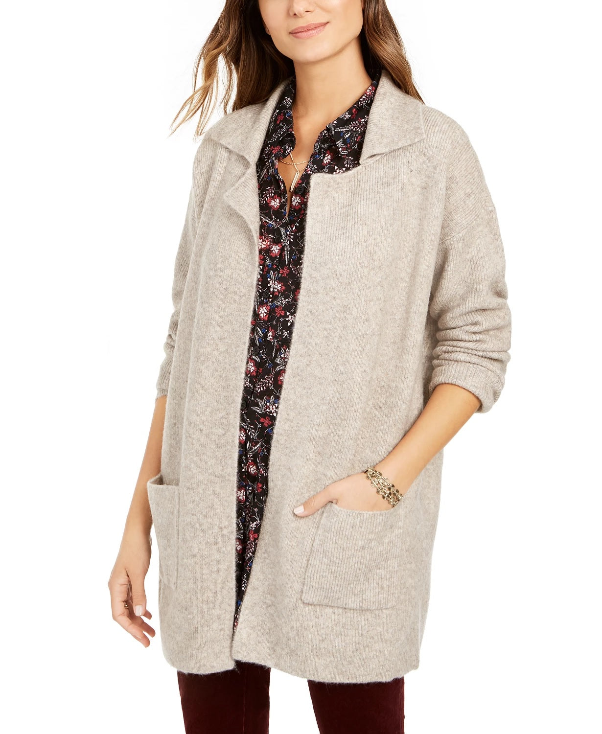 Cardigan feminino com bolso aplicado estilo &amp; co, bege, tamanho PP