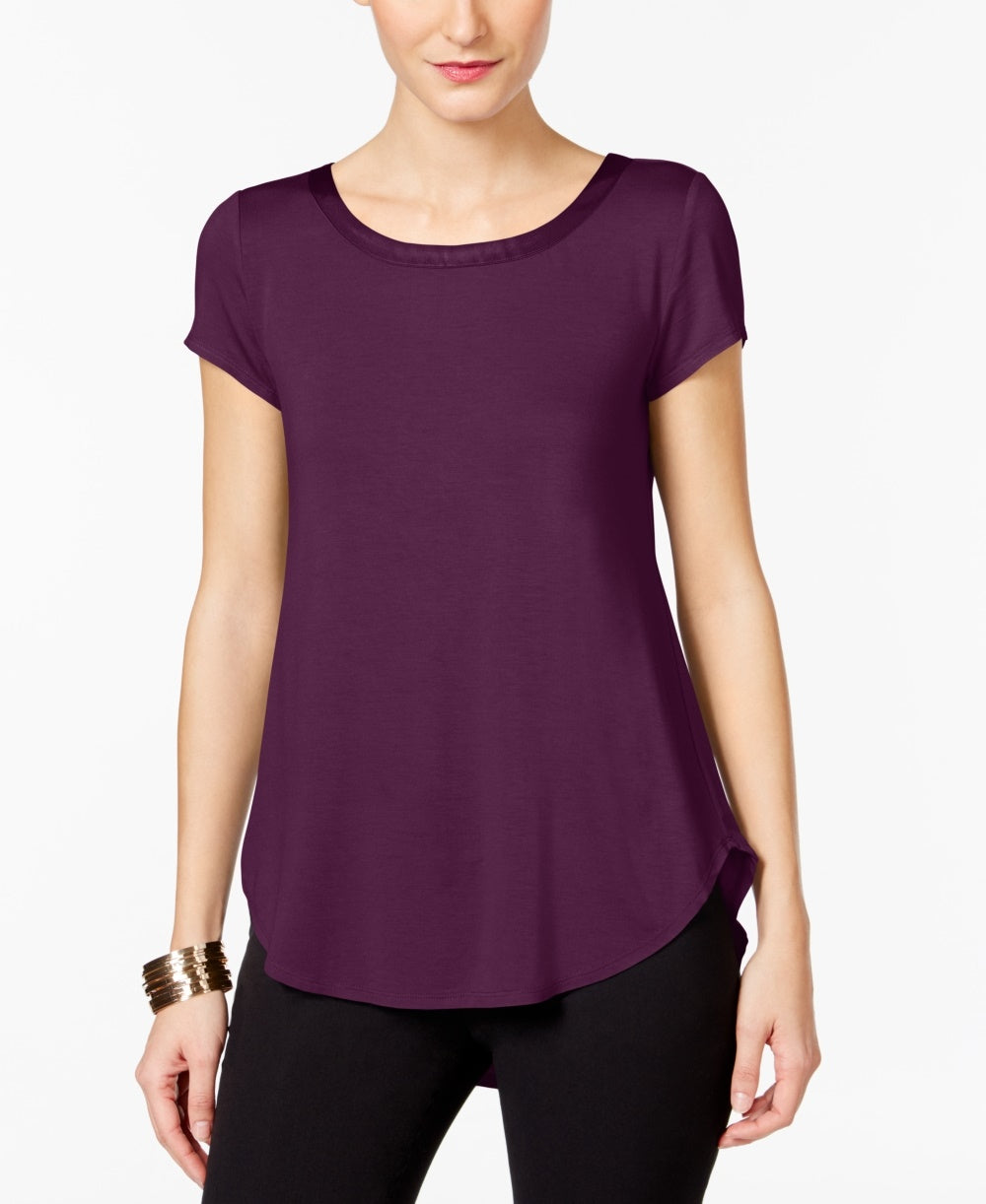 Camiseta Alfani Feminina Petite com Acabamento em Cetim, Manga Longa e Curta, Roxo Figo, PS/M