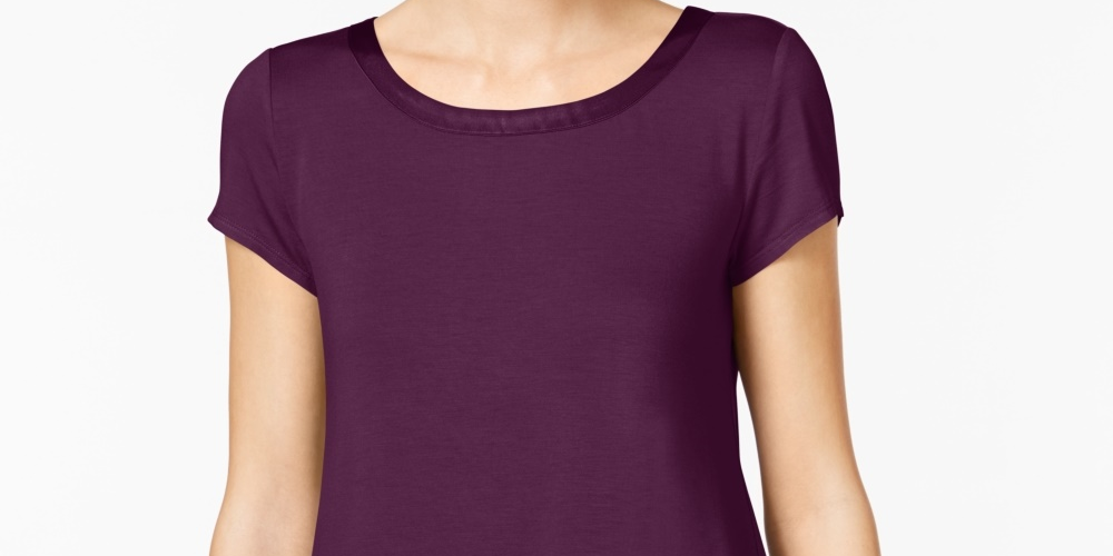 Camiseta Alfani Feminina Petite com Acabamento em Cetim, Manga Longa e Curta, Roxo Figo, PS/M