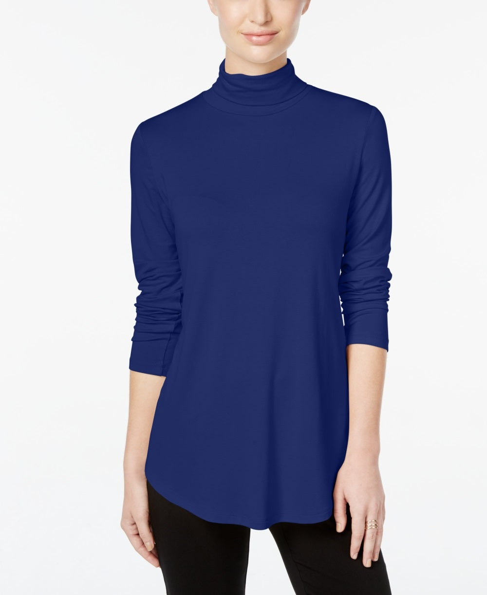 Blusa feminina de gola alta JM Collection, azul, tamanho X-S