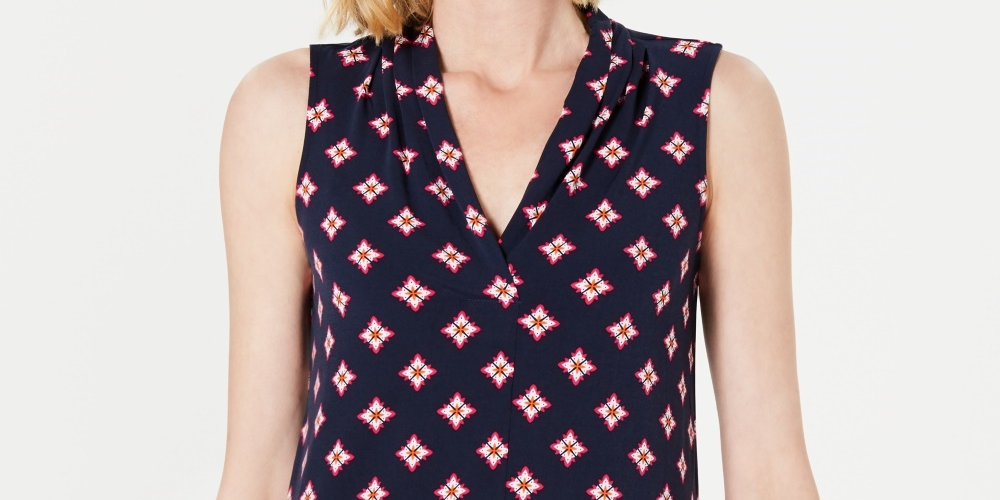 Blusa estampada sem mangas feminina Charter Club, azul, tamanho pequeno