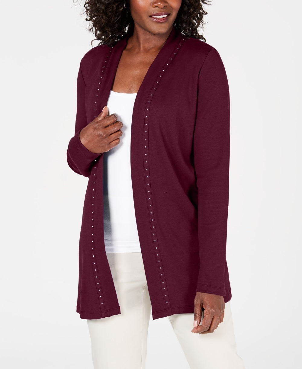Karen Scott Cardigan Feminino de Algodão com Tachas e Frente Aberta Vinho Tamanho P