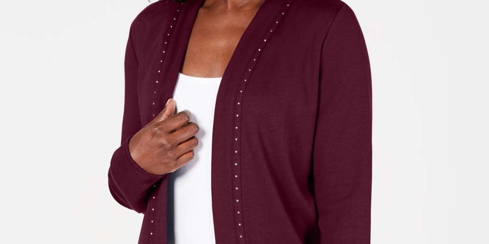 Karen Scott Cardigan Feminino de Algodão com Tachas e Frente Aberta Vinho Tamanho P