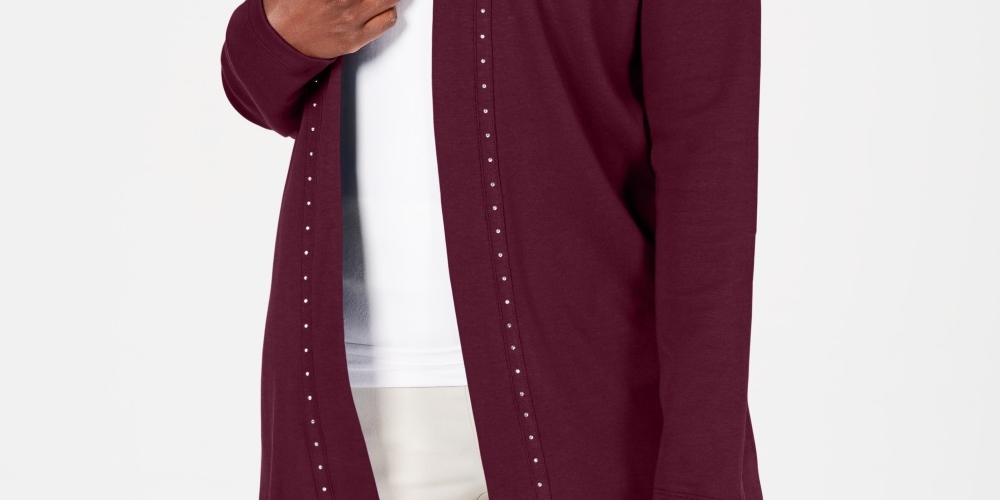 Karen Scott Cardigan Feminino de Algodão com Tachas e Frente Aberta Vinho Tamanho P