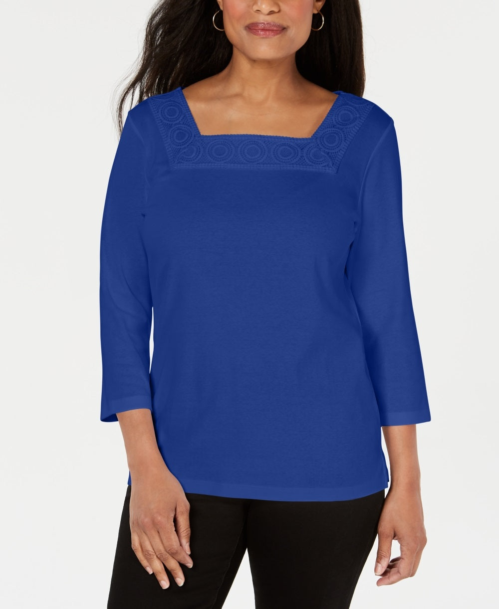 Blusa feminina Karen Scott de crochê com gola quadrada, azul, tamanho X-S