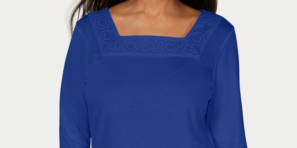 Blusa feminina Karen Scott de crochê com gola quadrada, azul, tamanho X-S