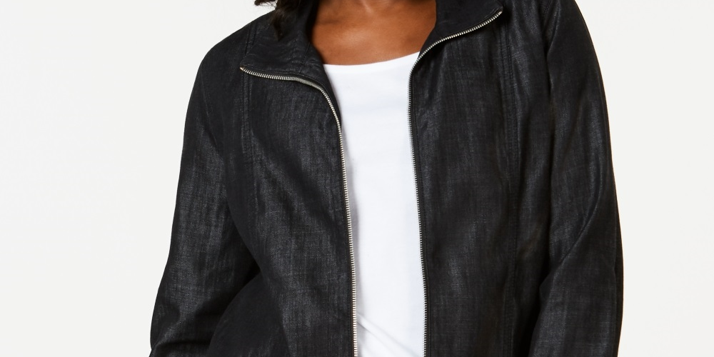 Jaqueta jeans feminina Karen Scott com zíper frontal, preta, tamanho PS