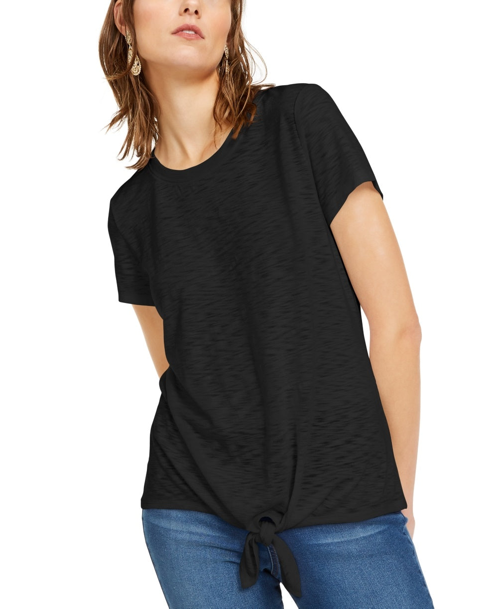 Camiseta feminina com amarração frontal da INC International Concepts, preta, tamanho pequeno médio
