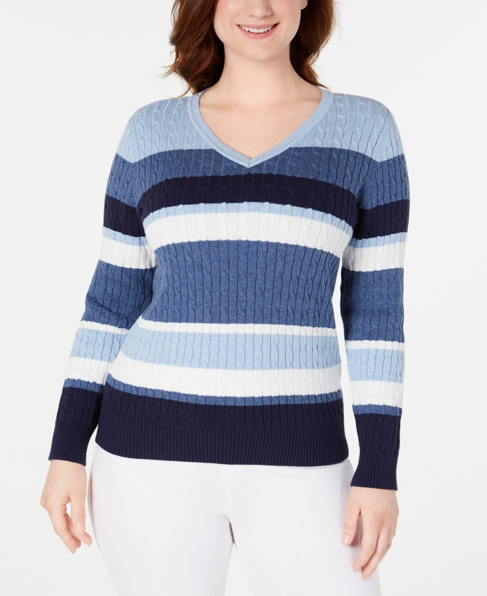 Karen Scott Suéter Feminino Listrado de Algodão em Tricô Azul Tamanho PL