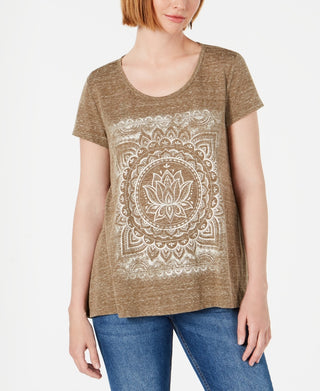 Camiseta feminina estampada de manga curta e gola redonda estilo &amp; co., marrom, tamanho médio