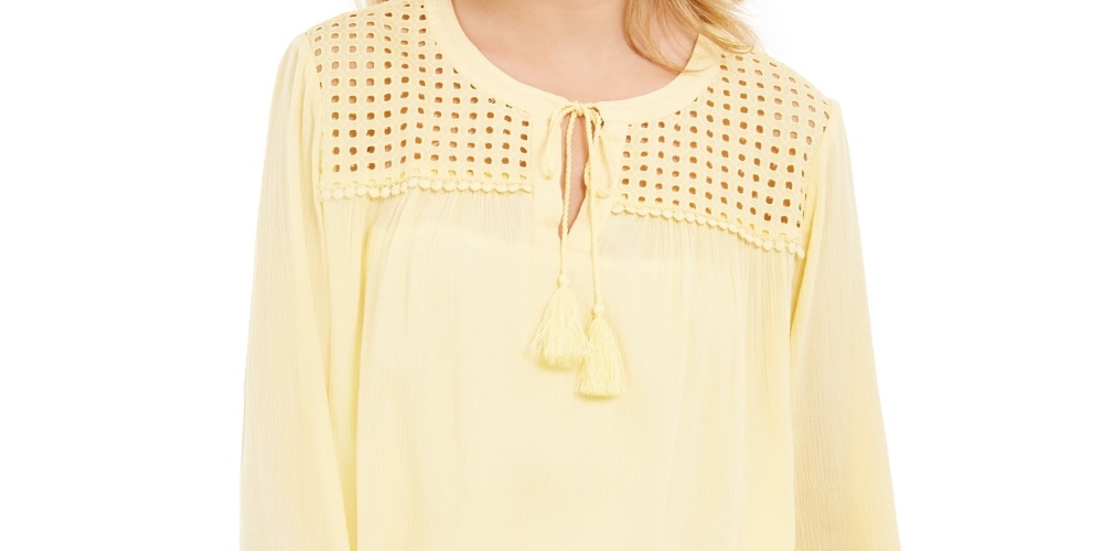 Charter Club Blusa de linho feminina com ilhós e gravata borla, tamanho médio, amarela