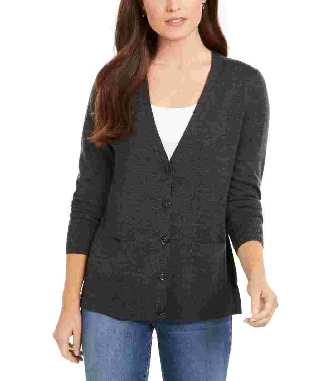 Cardigan feminino de lã merino com decote em V, cinza, tamanho extragrande, Charter Club