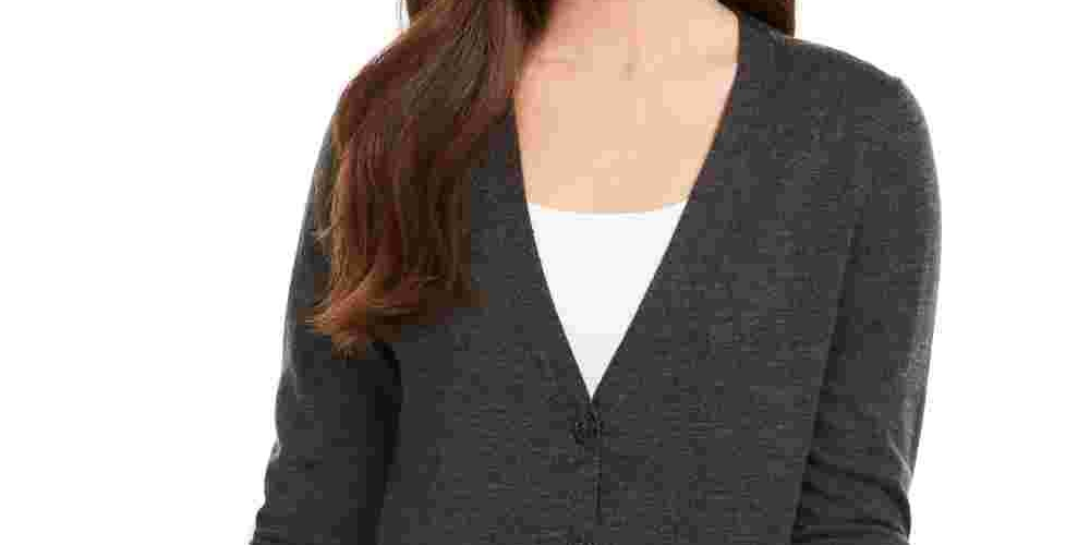 Cardigan feminino de lã merino com decote em V, cinza, tamanho extragrande, Charter Club