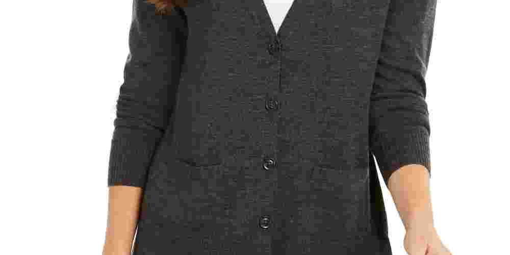 Cardigan feminino de lã merino com decote em V, cinza, tamanho extragrande, Charter Club
