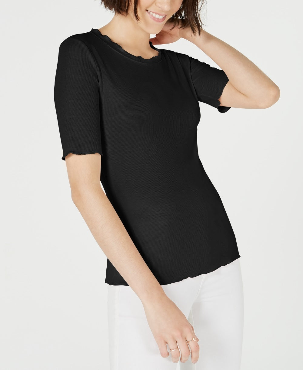 Blusa feminina Maison Jules com decote redondo e mangas curtas, preta, tamanho extragrande