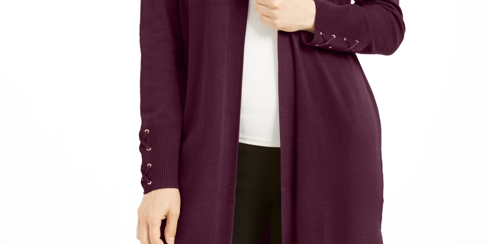 Cardigan feminino com mangas atadas e amarração JM Collection, roxo, tamanho médio