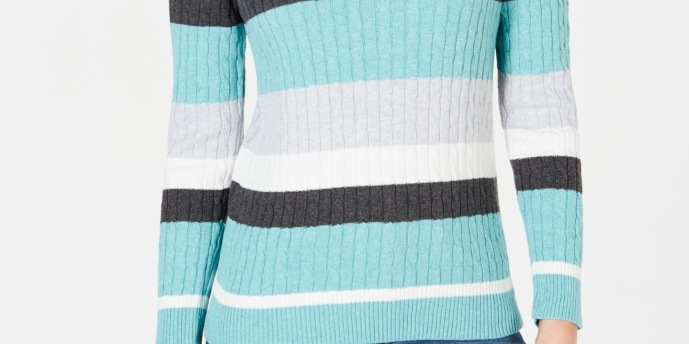 Karen Scott Suéter Feminino Listrado de Algodão em Tricô Azul Tamanho Pequeno