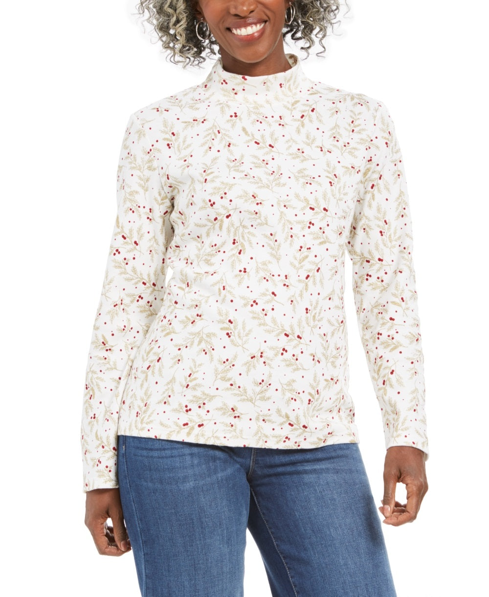 Karen Scott Blusa Feminina Estampada Wheat Fields Gola Simulada Branca Tamanho Pequeno