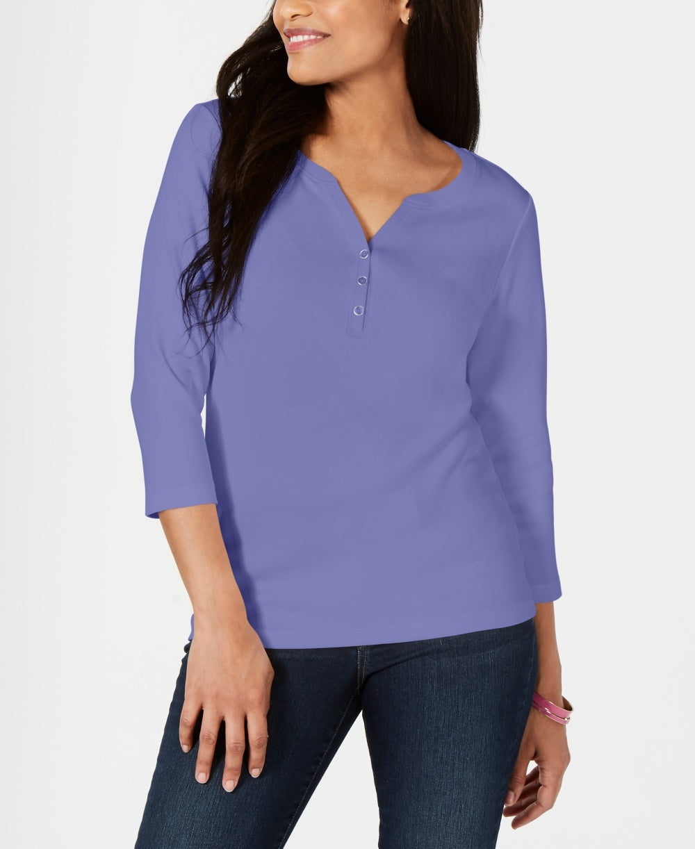 Camisa Henley de algodão pequena Karen Scott feminina, roxa, tamanho pequeno