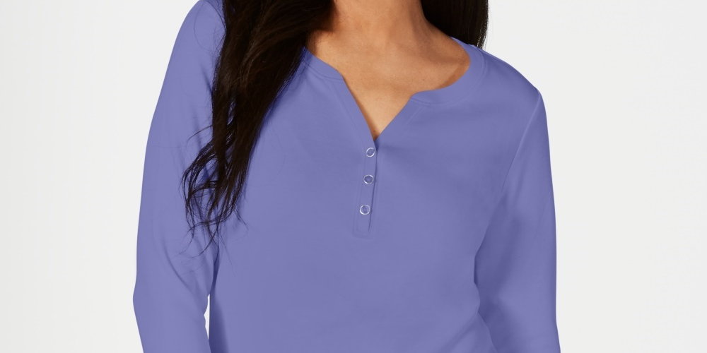Camisa Henley de algodão pequena Karen Scott feminina, roxa, tamanho pequeno