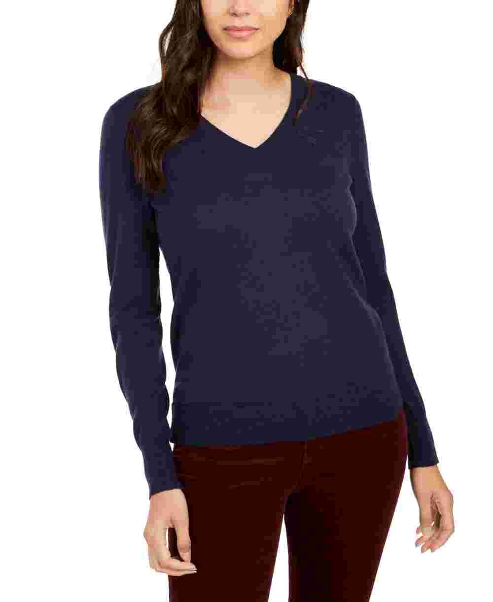 Blusa feminina lisa de manga comprida com decote em V, azul, tamanho médio