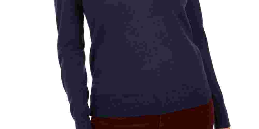 Blusa feminina lisa de manga comprida com decote em V, azul, tamanho médio