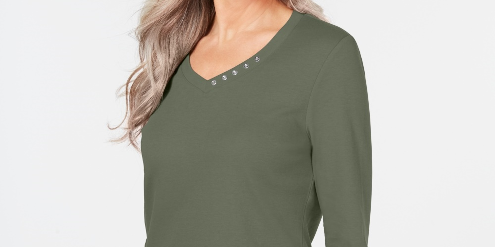 Karen Scott Blusa feminina de algodão com decote em V e acabamento em botões, verde, tamanho extragrande