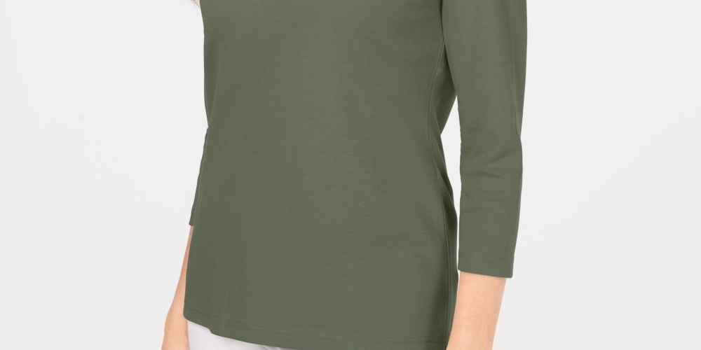 Karen Scott Blusa feminina de algodão com decote em V e acabamento em botões, verde, tamanho extragrande