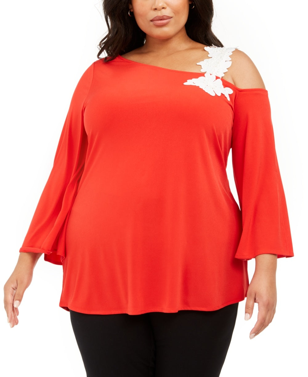 Túnica Alfani Plus Size Feminina com Apliques de Um Ombro, Média, Vermelha, Tamanho 4X