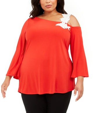 Túnica Alfani Plus Size Feminina com Apliques de Um Ombro, Média, Vermelha, Tamanho 4X
