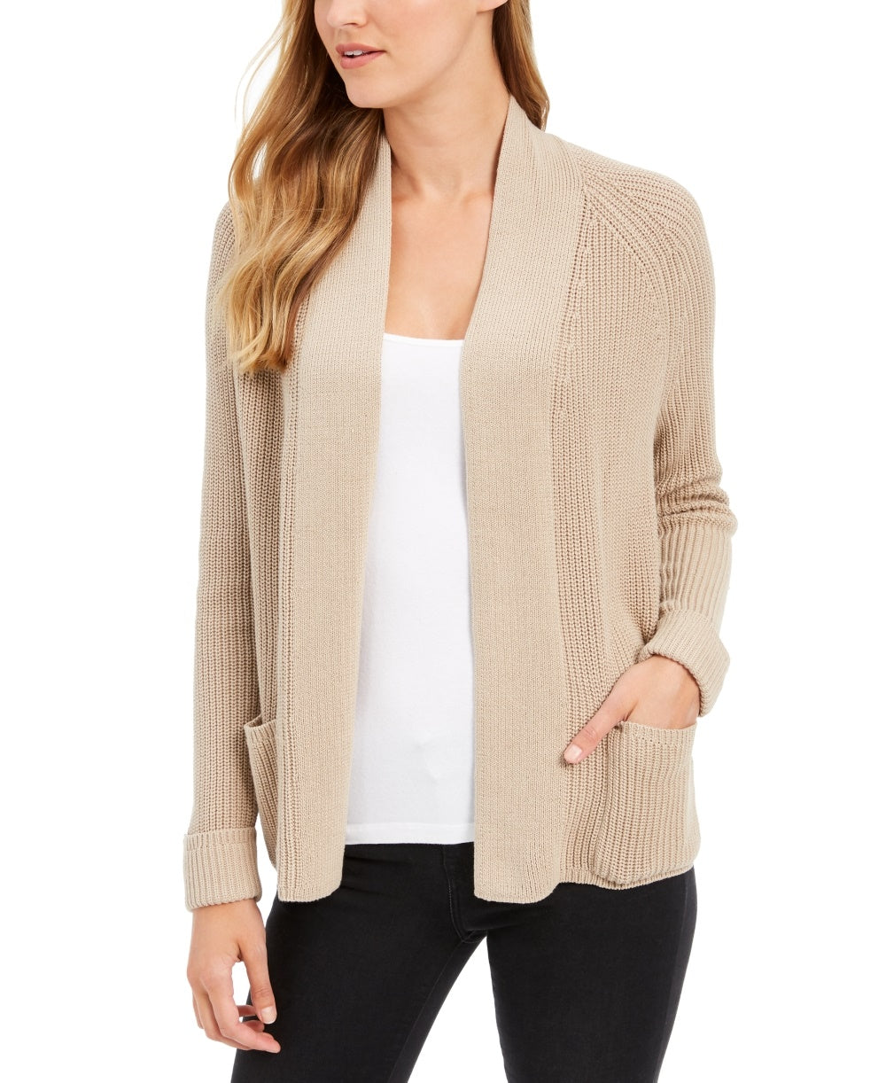 Cardigan feminino de algodão com abertura frontal, tamanho médio, bege, Charter Club