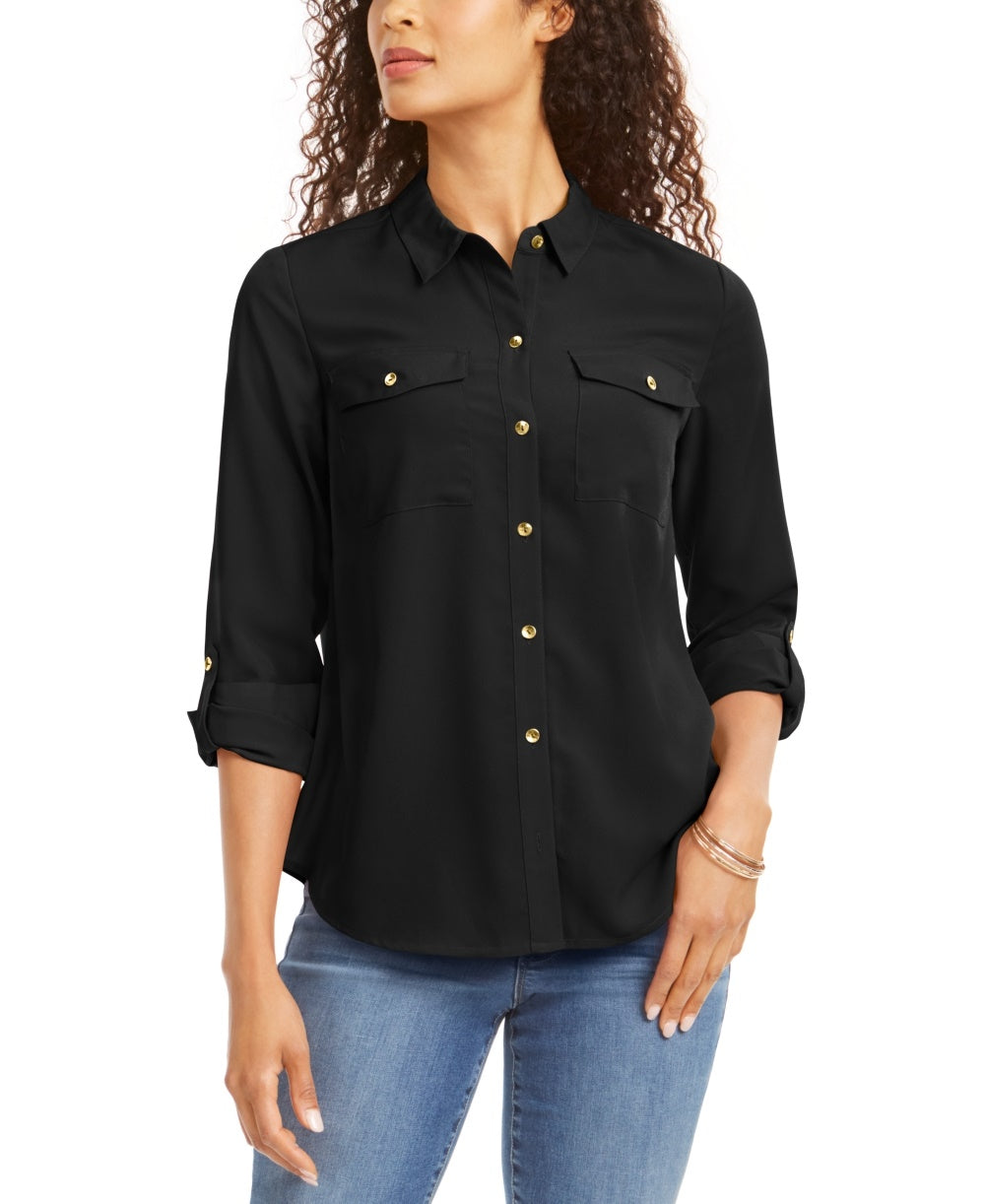 Camisa feminina Charter Club Petite Solid com botões, preta, tamanho Petit