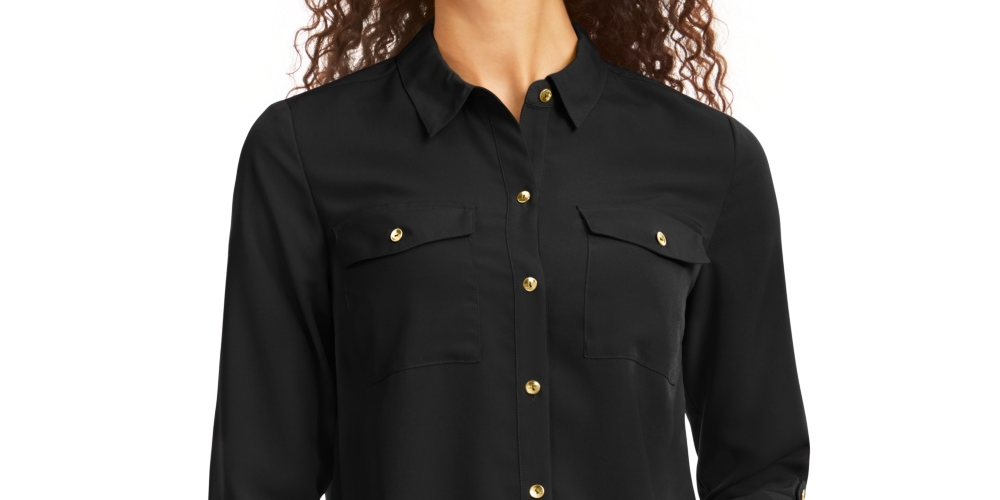 Camisa feminina Charter Club Petite Solid com botões, preta, tamanho Petit