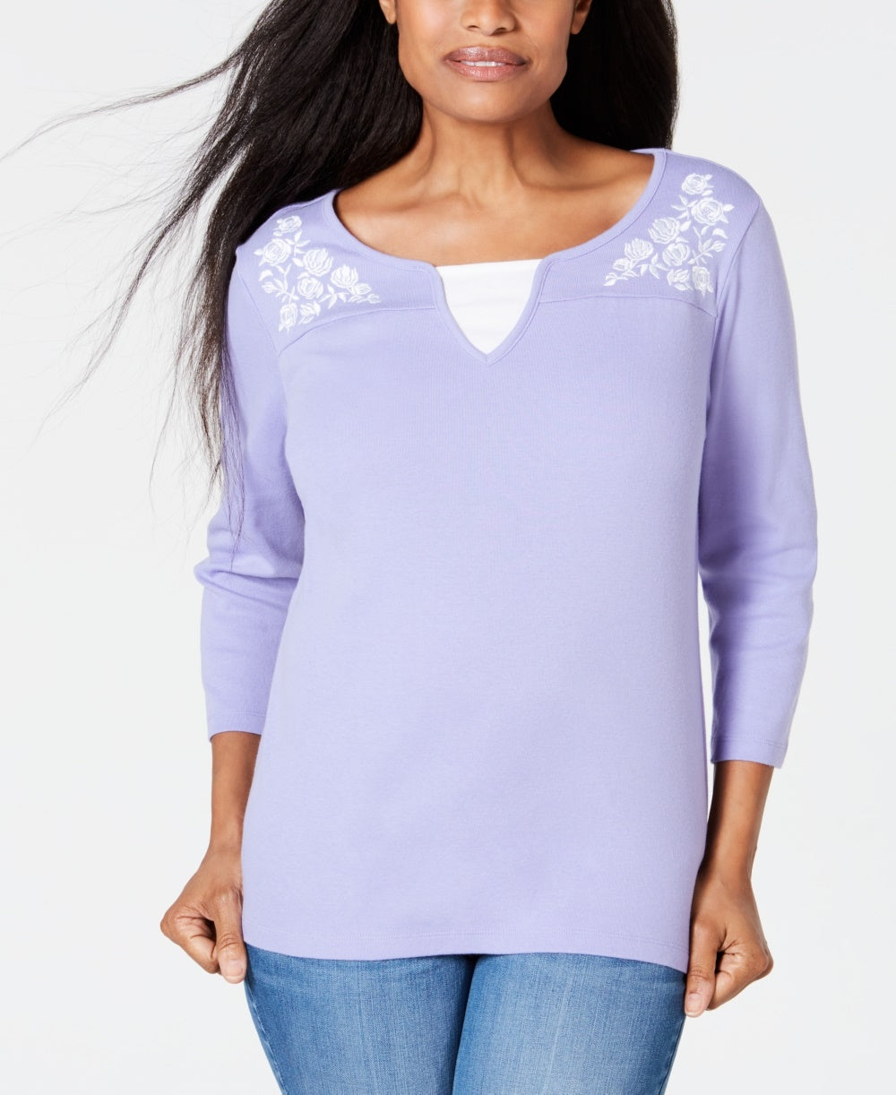 Karen Scott Blusa feminina bordada de algodão com camadas, roxa, tamanho pequeno e pequeno