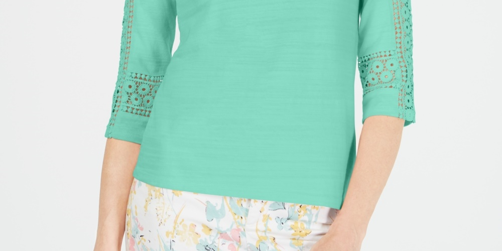 Top de crochê feminino Charter Club com manga curta, azul, tamanho pequeno, extragrande