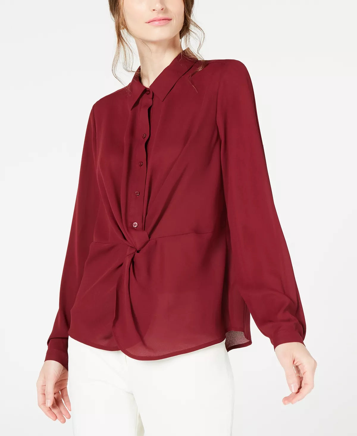 Blusa feminina Alfani Petite Twist com botões na frente, tamanho vinho, pequena, extragrande