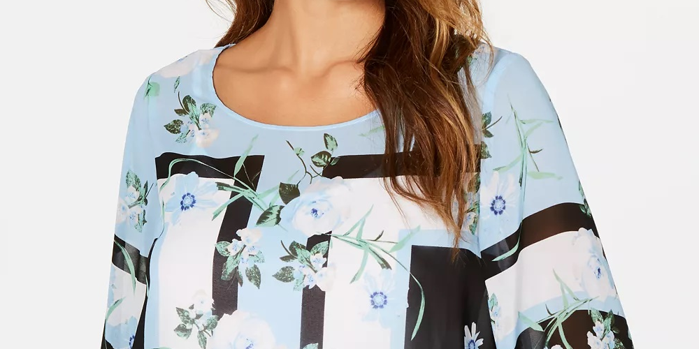 Blusa Alfani Feminina Petite Estampada Manga Anjo Azul Marinho Tamanho Petit X-Large