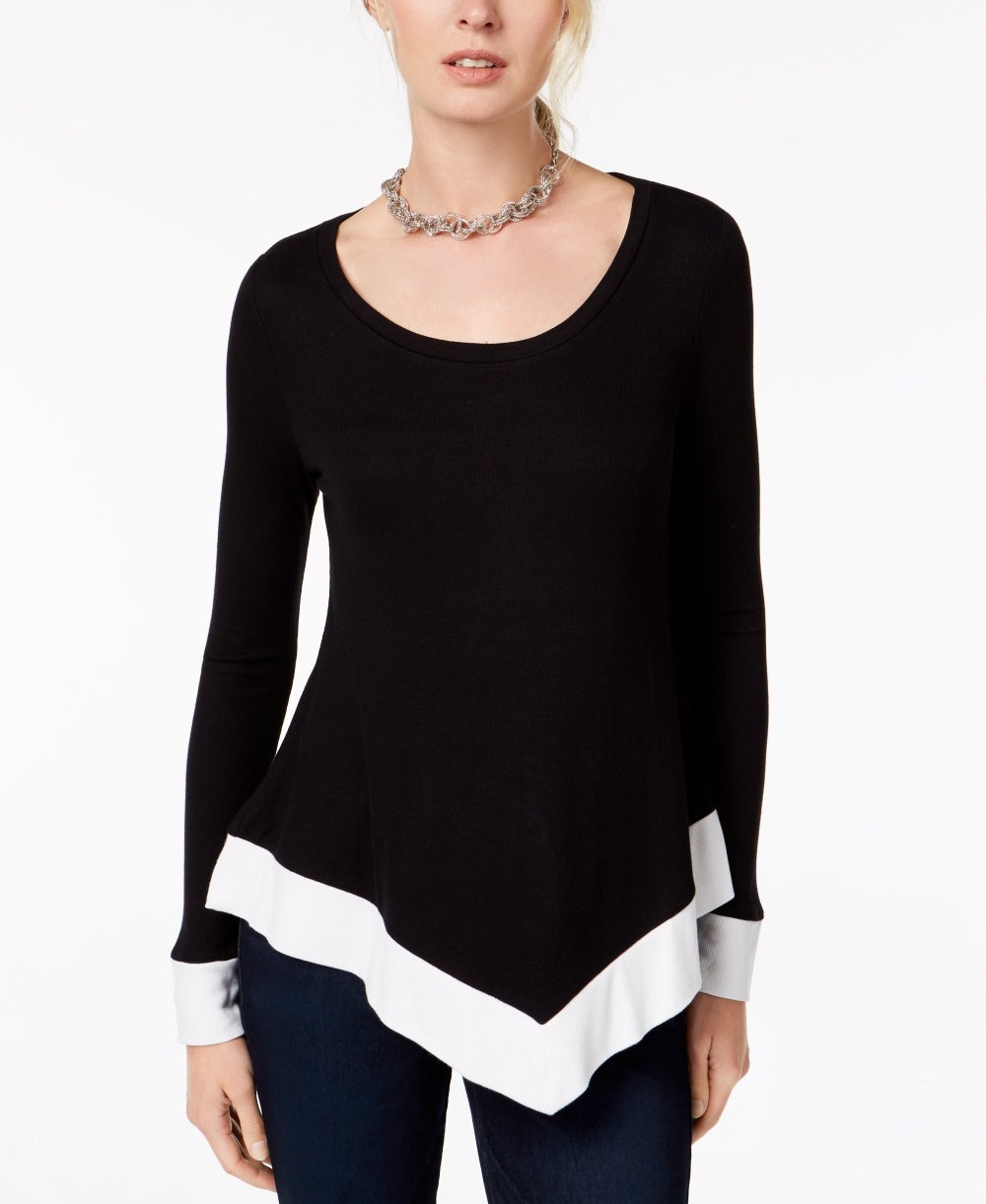 INC International Concepts Top feminino com bainha de lenço e blocos de cores, tamanho pequeno, preto